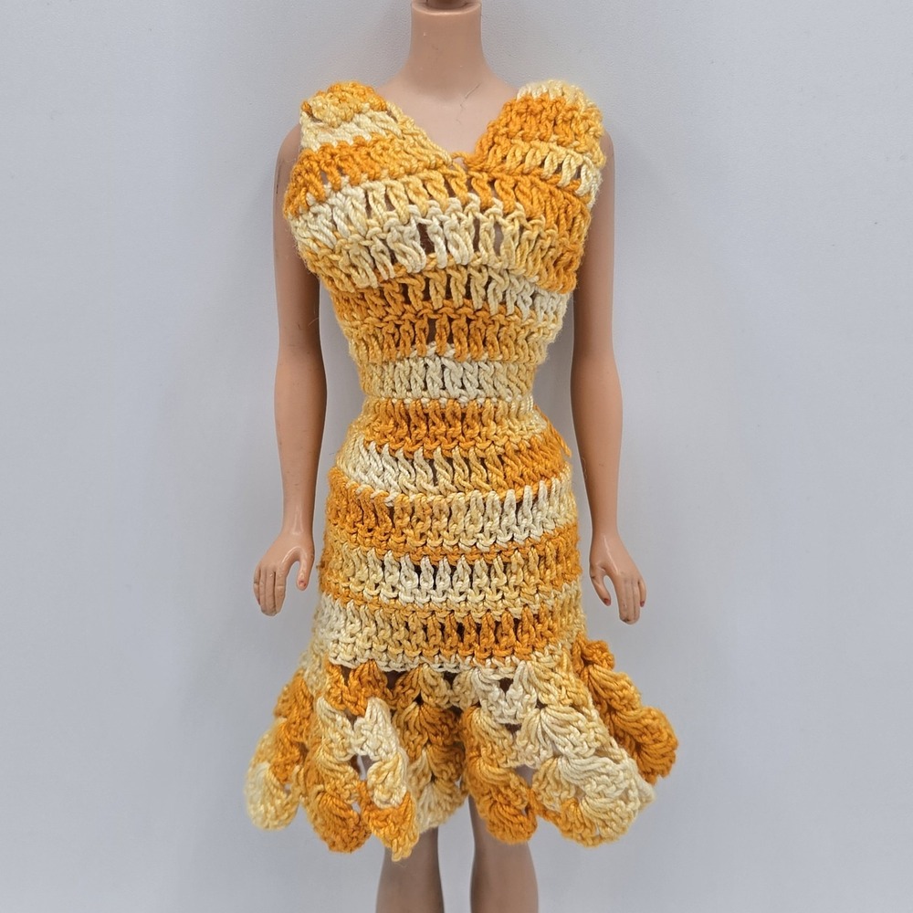 Vintage‎ Barbie Fashion Doll Mommy Made Handmade Crochet Yellow White Dress